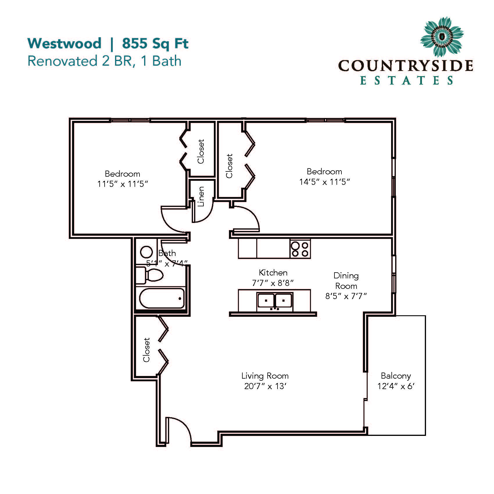 Floor plan for 2 beds, 1 bath, 855 sqft